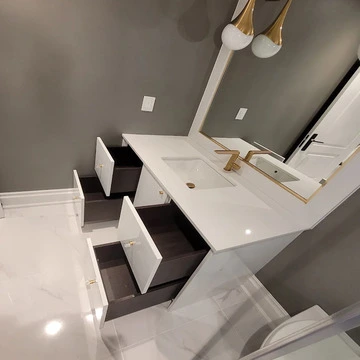 Modern bathroom vanity cleaned and sanitized